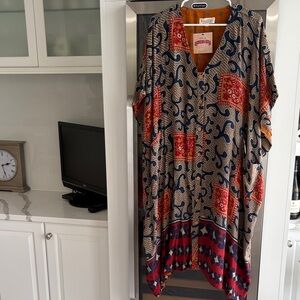 Reversible silk Printed Midi Dress in Navy & Red or burnt orange and blue print!